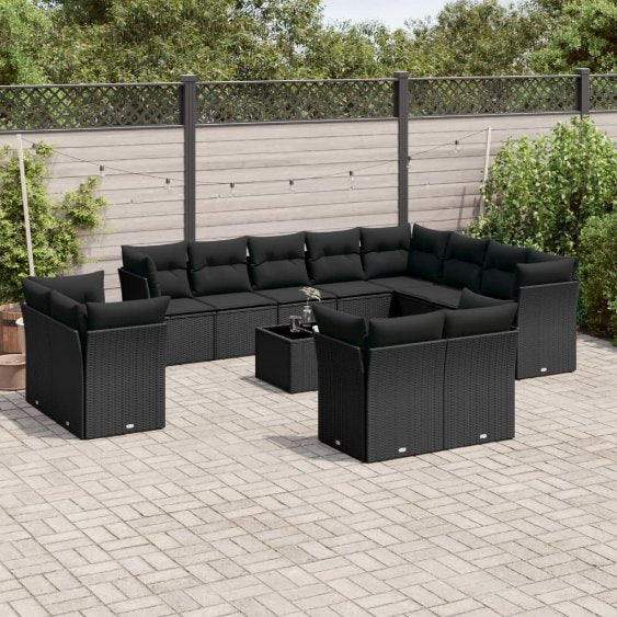 vidaXL 12-tlg. Garten-Sofagarnitur mit Kissen Schwarz Poly Rattan