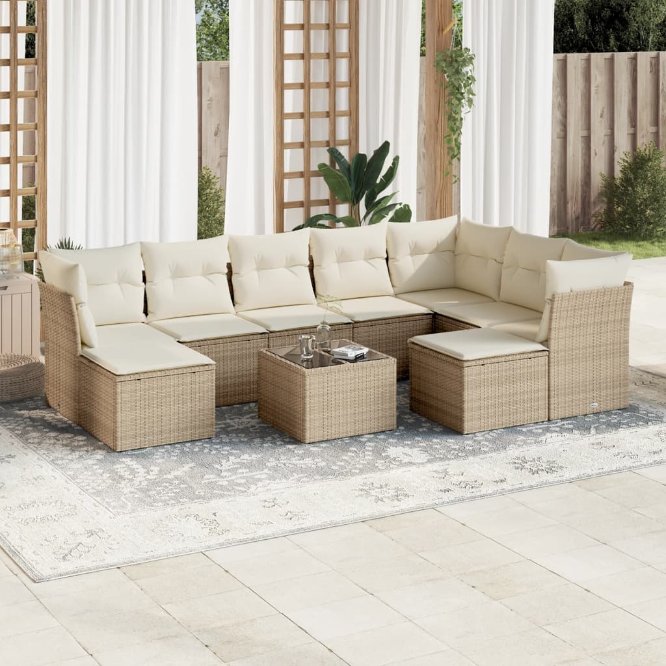 9-tlg. Garten-Sofagarnitur mit Kissen Schwarz Poly Rattan