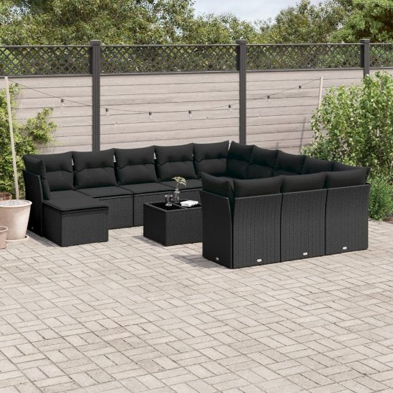 vidaXL 12-tlg. Garten-Sofagarnitur mit Kissen Schwarz Poly Rattan