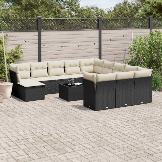 vidaXL 12-tlg. Garten-Sofagarnitur mit Kissen Schwarz Poly Rattan