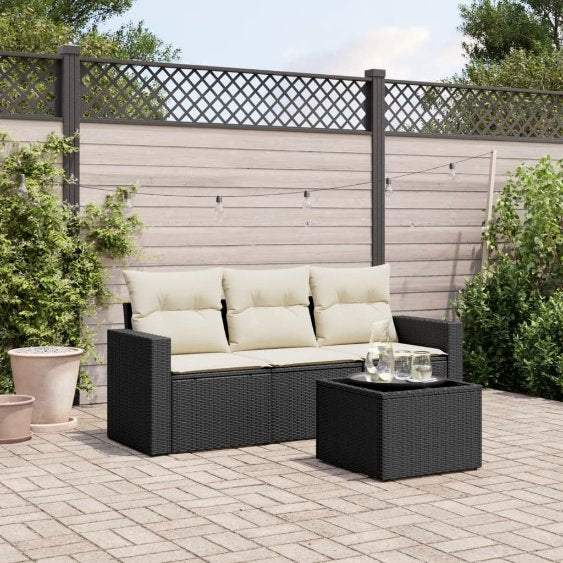 3-tlg. Garten-Sofagarnitur mit Kissen Schwarz Poly Rattan