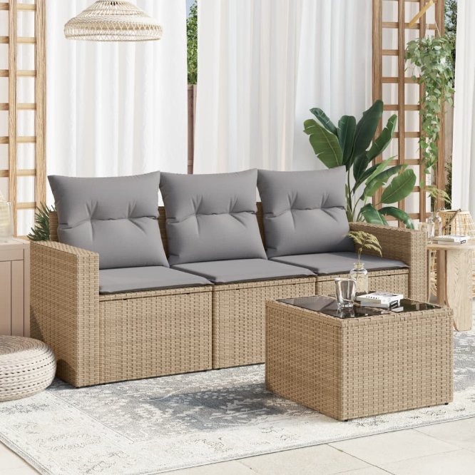 3-tlg. Garten-Sofagarnitur mit Kissen Schwarz Poly Rattan