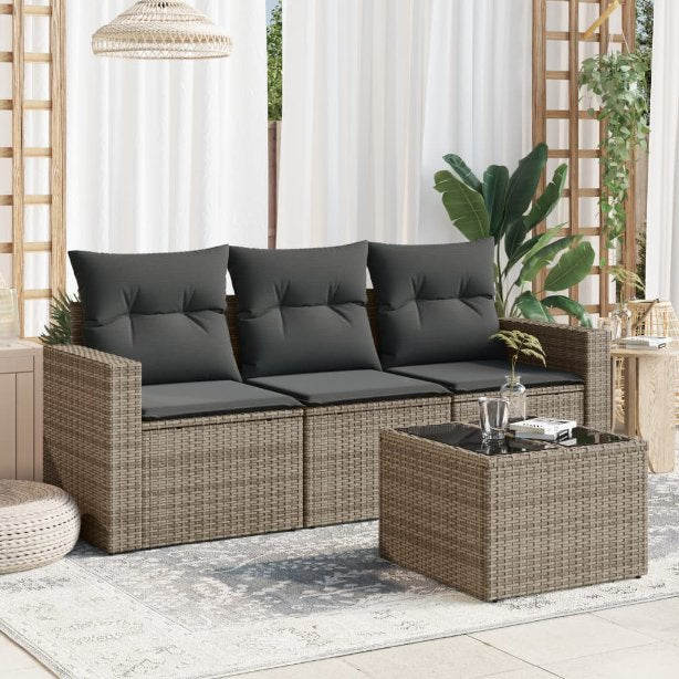 3-tlg. Garten-Sofagarnitur mit Kissen Schwarz Poly Rattan