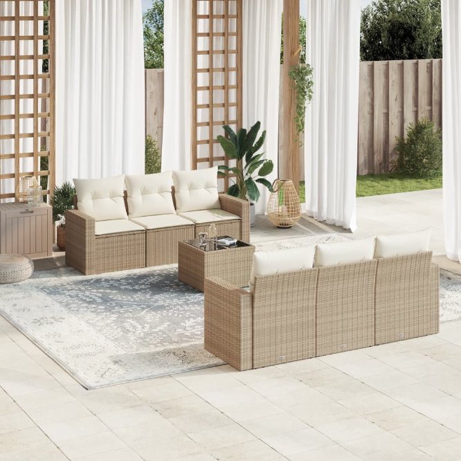7-tlg. Garten-Sofagarnitur mit Kissen Schwarz Poly Rattan