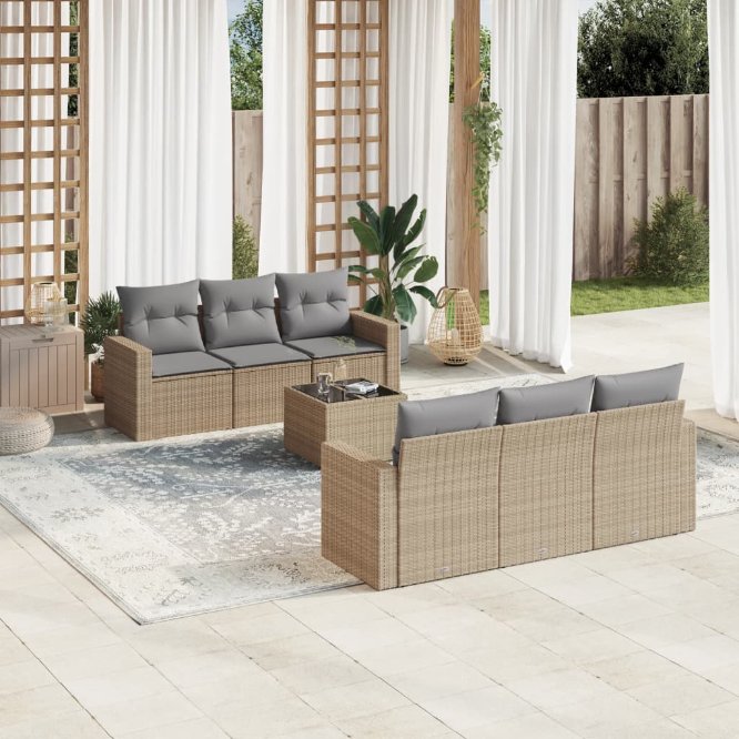7-tlg. Garten-Sofagarnitur mit Kissen Schwarz Poly Rattan
