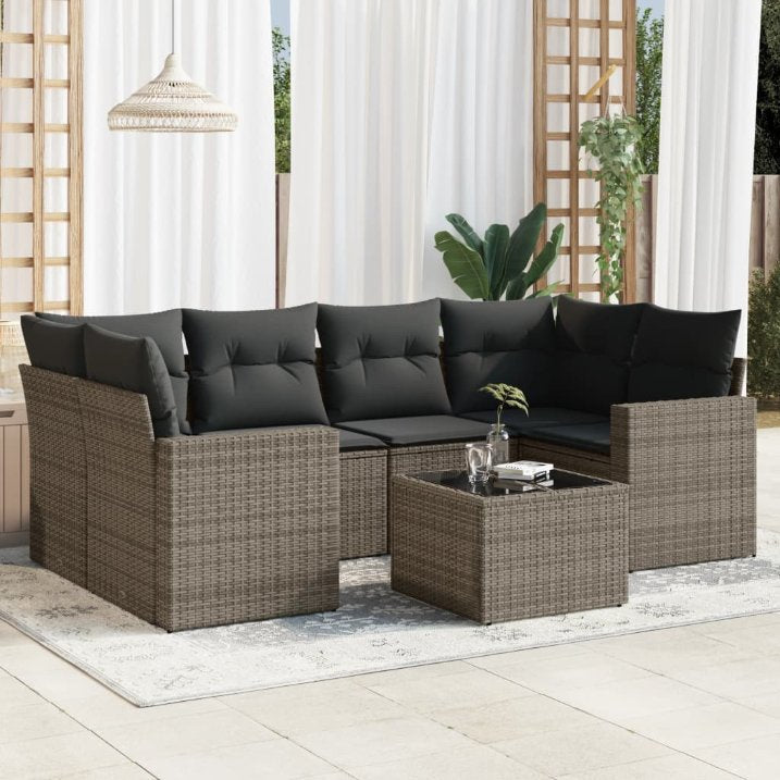 7-tlg. Garten-Sofagarnitur mit Kissen Schwarz Poly Rattan