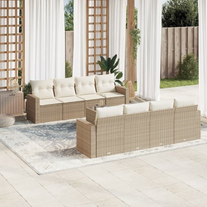 9-tlg. Garten-Sofagarnitur mit Kissen Schwarz Poly Rattan