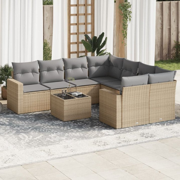9-tlg. Garten-Sofagarnitur mit Kissen Schwarz Poly Rattan