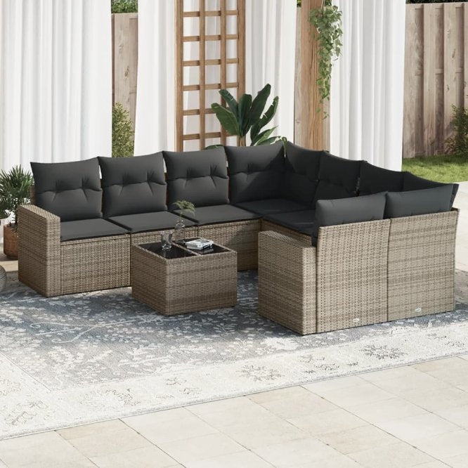 9-tlg. Garten-Sofagarnitur mit Kissen Schwarz Poly Rattan