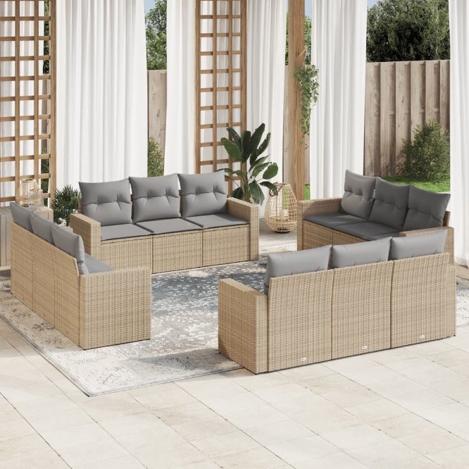 vidaXL 12-tlg. Garten-Sofagarnitur mit Kissen Schwarz Poly Rattan