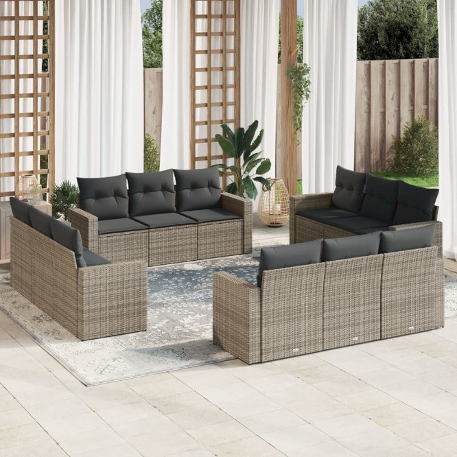 vidaXL 12-tlg. Garten-Sofagarnitur mit Kissen Schwarz Poly Rattan