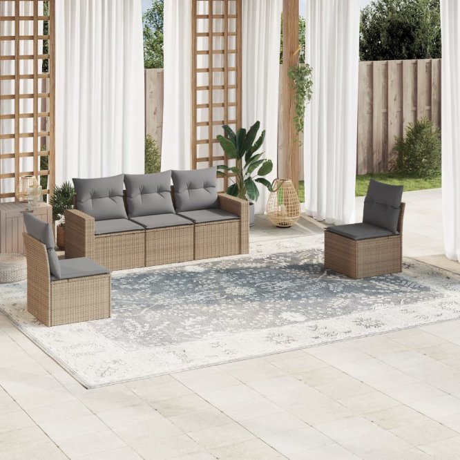 5-tlg. Garten-Sofagarnitur mit Kissen Schwarz Poly Rattan