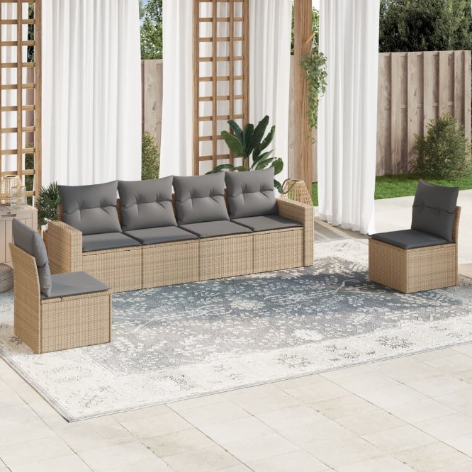 6-tlg. Garten-Sofagarnitur mit Kissen Schwarz Poly Rattan