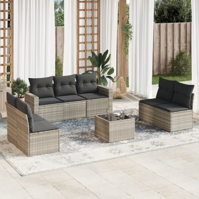 7-tlg. Garten-Sofagarnitur mit Kissen Schwarz Poly Rattan