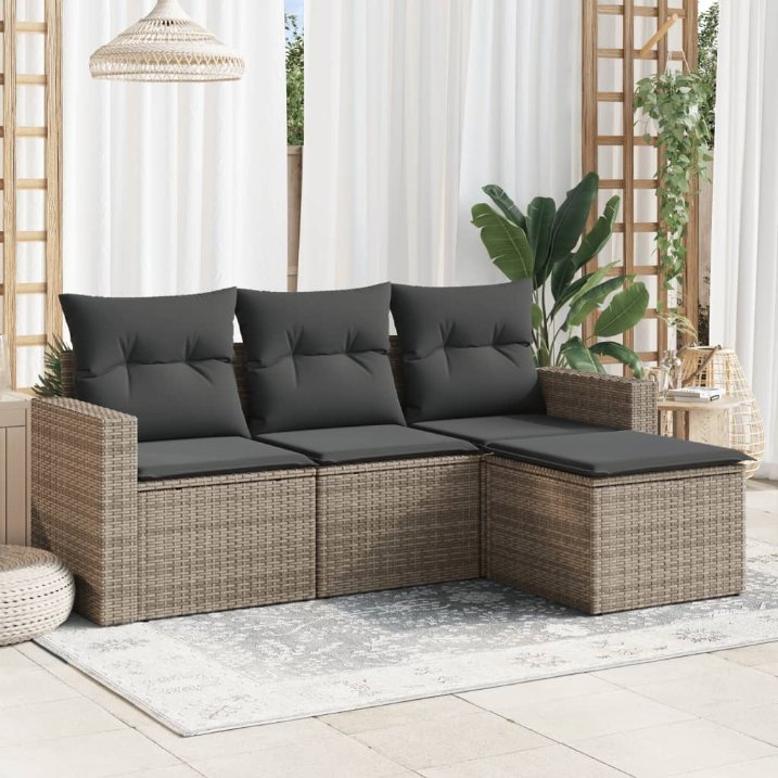 4-tlg. Garten-Sofagarnitur mit Kissen Schwarz Poly Rattan