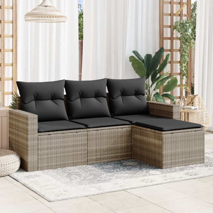 4-tlg. Garten-Sofagarnitur mit Kissen Schwarz Poly Rattan