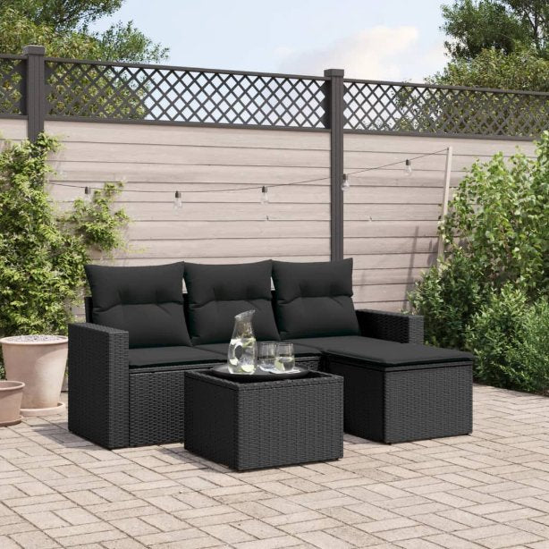 4-tlg. Garten-Sofagarnitur mit Kissen Schwarz Poly Rattan