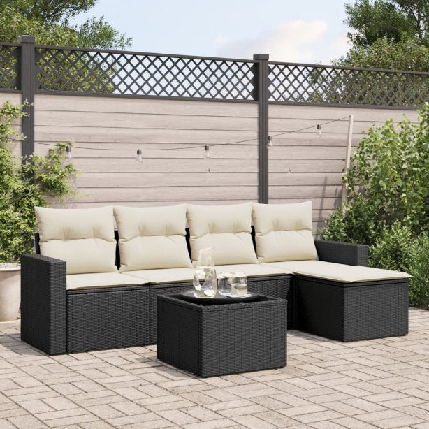 5-tlg. Garten-Sofagarnitur mit Kissen Schwarz Poly Rattan