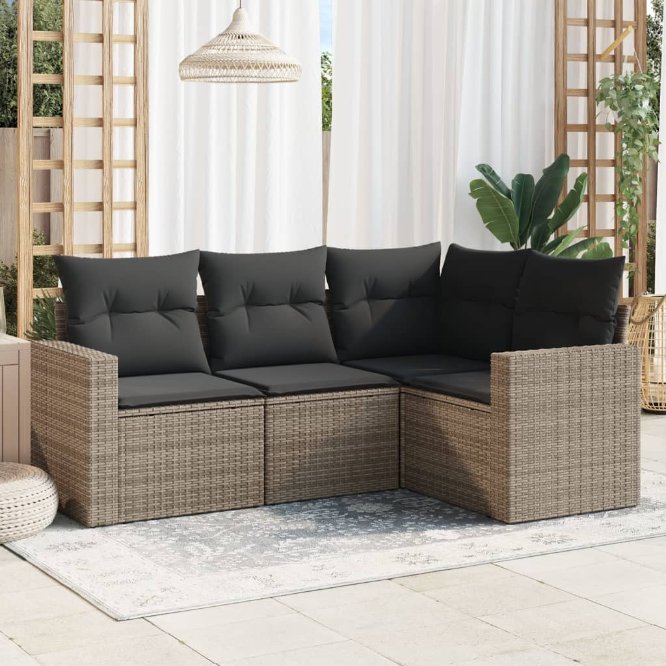 4-tlg. Garten-Sofagarnitur mit Kissen Schwarz Poly Rattan