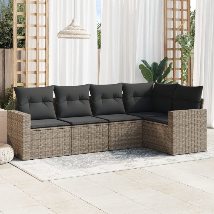 5-tlg. Garten-Sofagarnitur mit Kissen Schwarz Poly Rattan