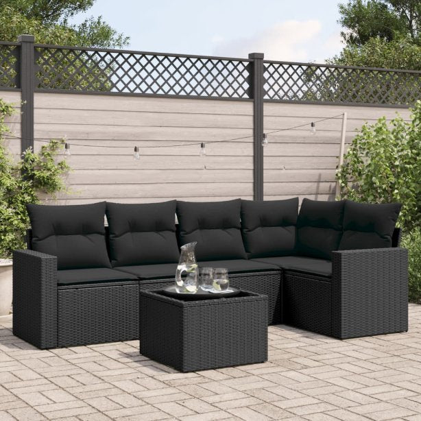 5-tlg. Garten-Sofagarnitur mit Kissen Schwarz Poly Rattan