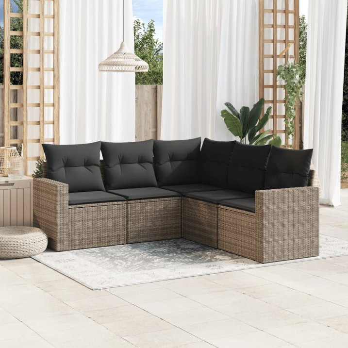 5-tlg. Garten-Sofagarnitur mit Kissen Schwarz Poly Rattan