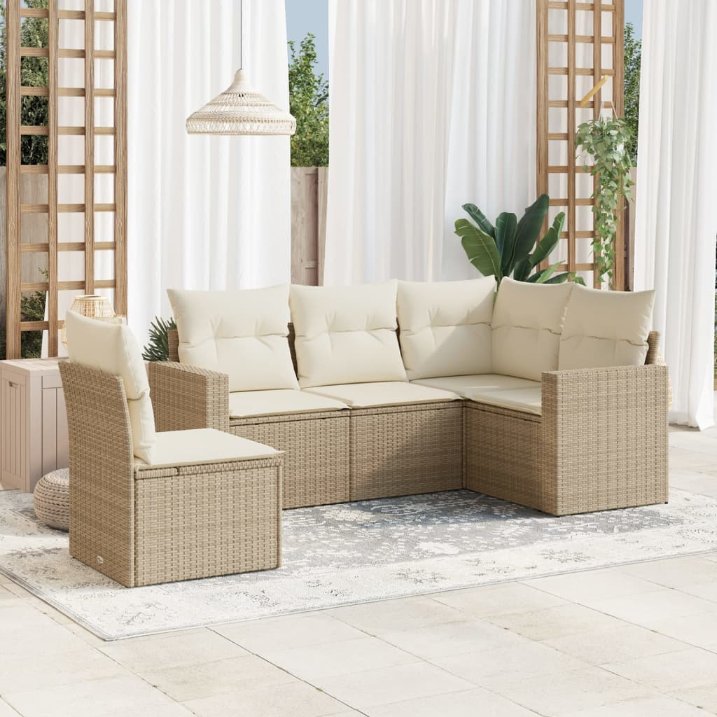 5-tlg. Garten-Sofagarnitur mit Kissen Schwarz Poly Rattan