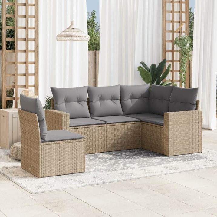 5-tlg. Garten-Sofagarnitur mit Kissen Schwarz Poly Rattan
