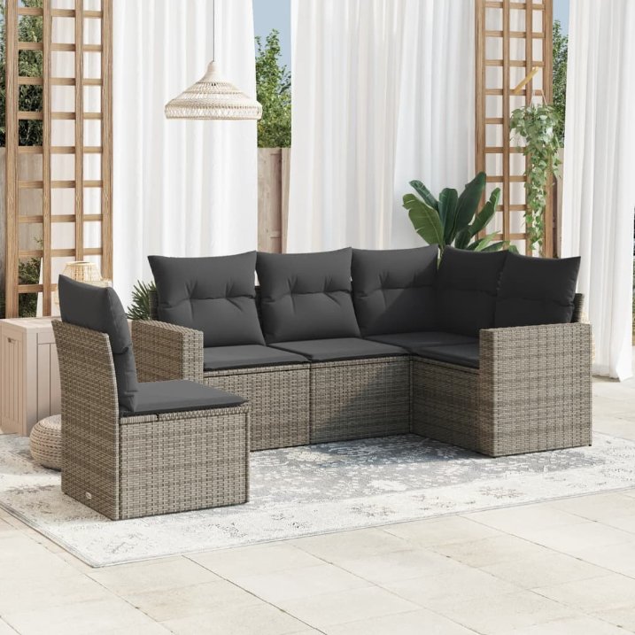 5-tlg. Garten-Sofagarnitur mit Kissen Schwarz Poly Rattan