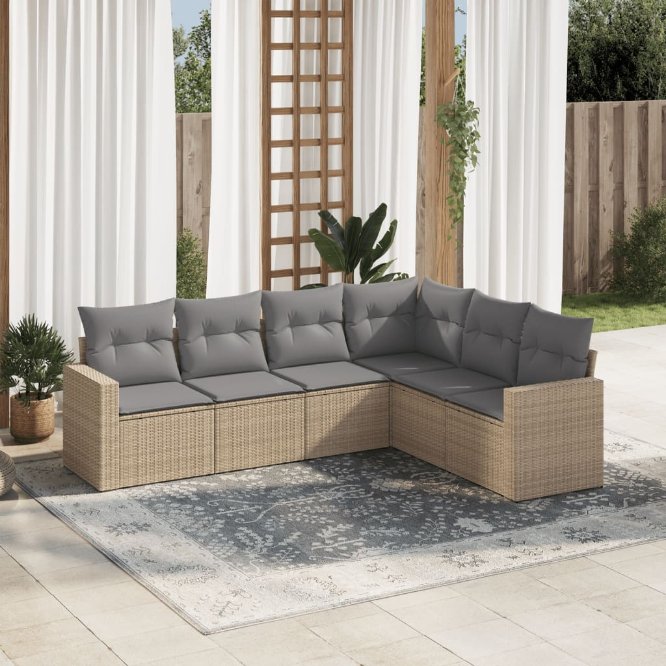 6-tlg. Garten-Sofagarnitur mit Kissen Schwarz Poly Rattan