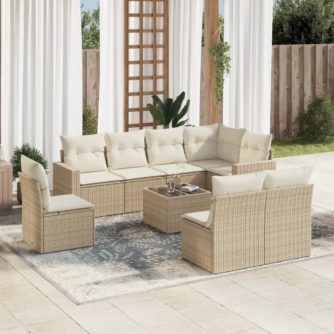 8-tlg. Garten-Sofagarnitur mit Kissen Schwarz Poly Rattan