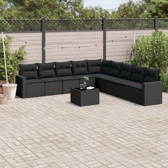 9-tlg. Garten-Sofagarnitur mit Kissen Schwarz Poly Rattan