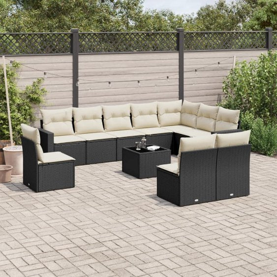 vidaXL 10-tlg. Garten-Sofagarnitur mit Kissen Schwarz Poly Rattan