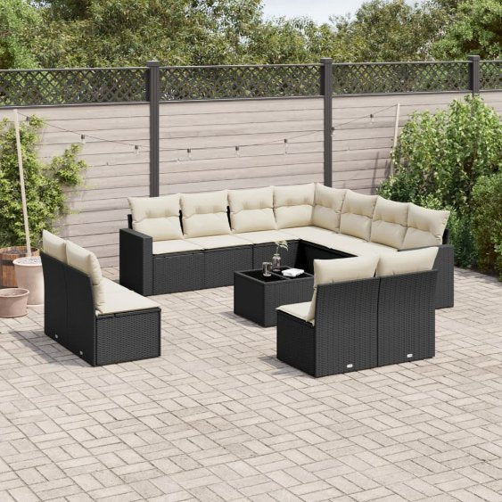 vidaXL 11-tlg. Garten-Sofagarnitur mit Kissen Schwarz Poly Rattan