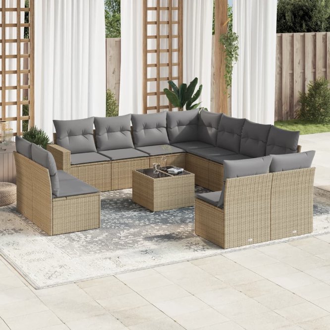 vidaXL 11-tlg. Garten-Sofagarnitur mit Kissen Schwarz Poly Rattan