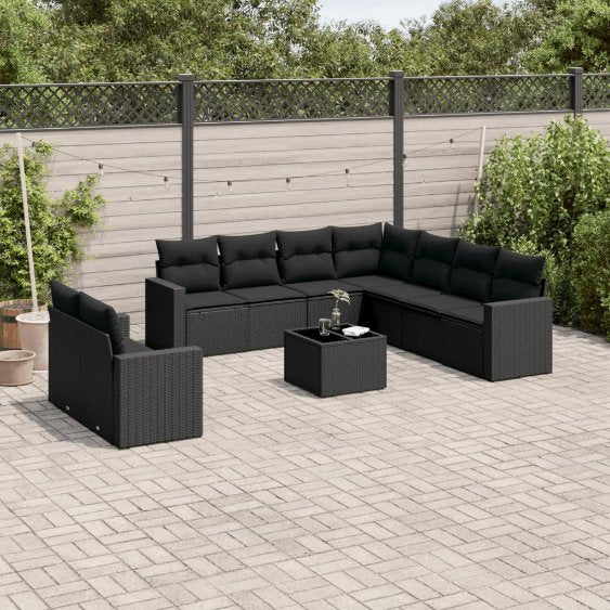 9-tlg. Garten-Sofagarnitur mit Kissen Schwarz Poly Rattan