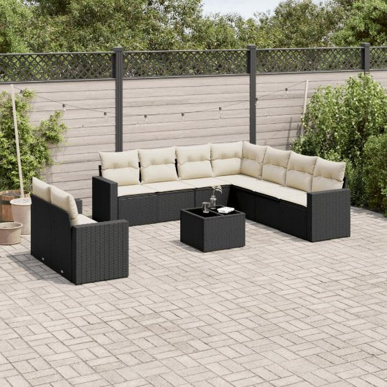 9-tlg. Garten-Sofagarnitur mit Kissen Schwarz Poly Rattan
