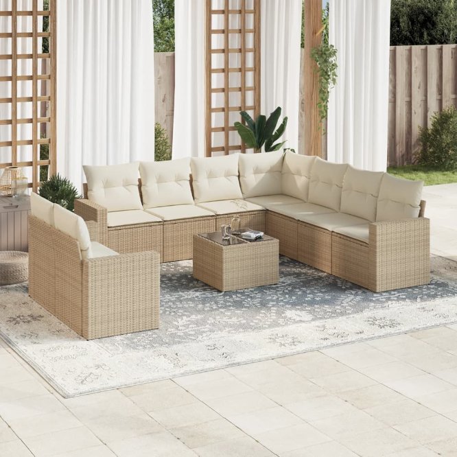 9-tlg. Garten-Sofagarnitur mit Kissen Schwarz Poly Rattan