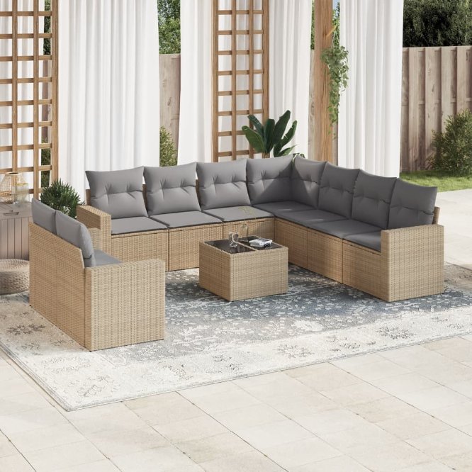 9-tlg. Garten-Sofagarnitur mit Kissen Schwarz Poly Rattan
