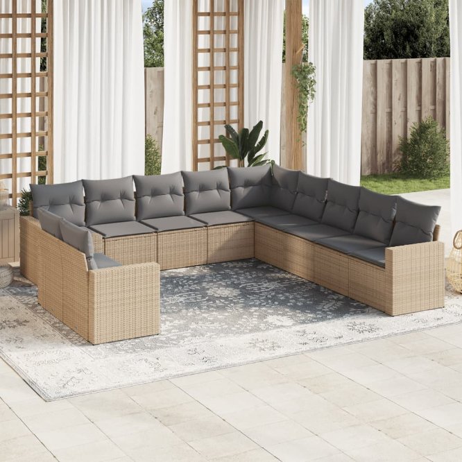 vidaXL 11-tlg. Garten-Sofagarnitur mit Kissen Schwarz Poly Rattan