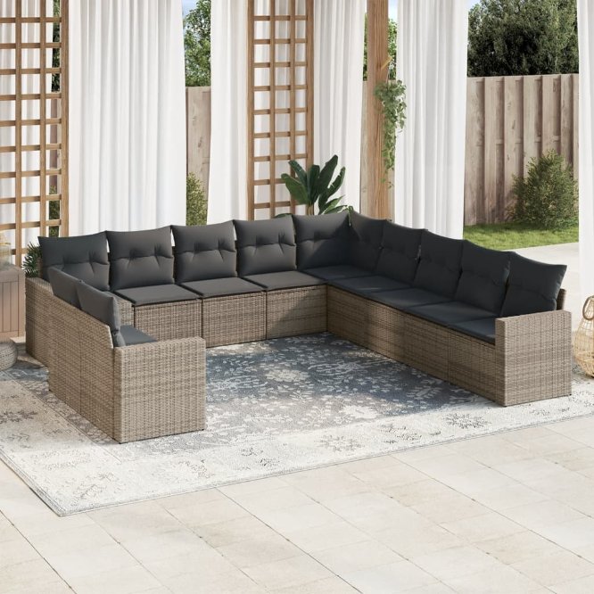 vidaXL 11-tlg. Garten-Sofagarnitur mit Kissen Schwarz Poly Rattan