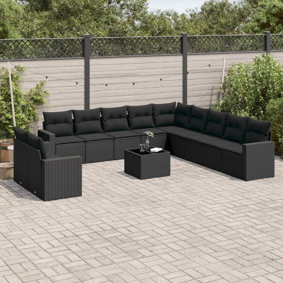 vidaXL 11-tlg. Garten-Sofagarnitur mit Kissen Schwarz Poly Rattan