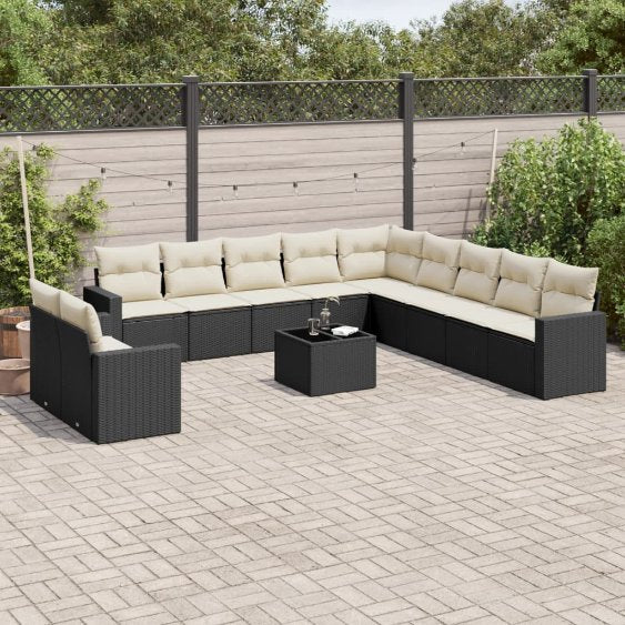 vidaXL 11-tlg. Garten-Sofagarnitur mit Kissen Schwarz Poly Rattan