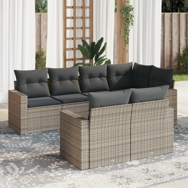 7-tlg. Garten-Sofagarnitur mit Kissen Schwarz Poly Rattan