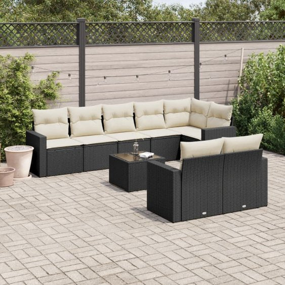 8-tlg. Garten-Sofagarnitur mit Kissen Schwarz Poly Rattan