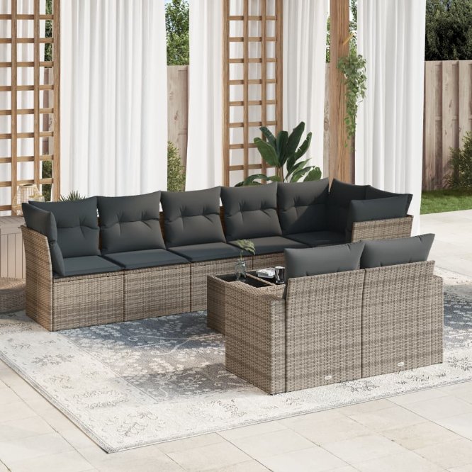 8-tlg. Garten-Sofagarnitur mit Kissen Schwarz Poly Rattan