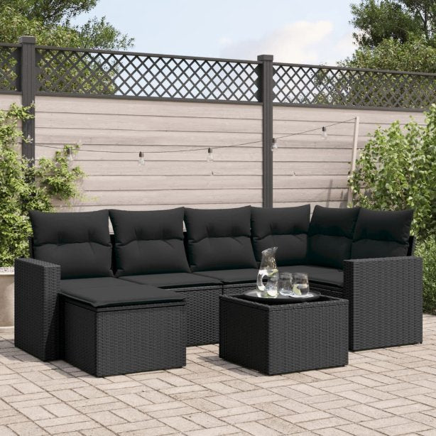 6-tlg. Garten-Sofagarnitur mit Kissen Schwarz Poly Rattan