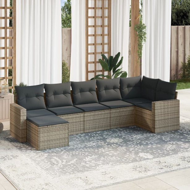 7-tlg. Garten-Sofagarnitur mit Kissen Schwarz Poly Rattan