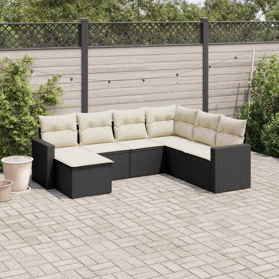 7-tlg. Garten-Sofagarnitur mit Kissen Schwarz Poly Rattan