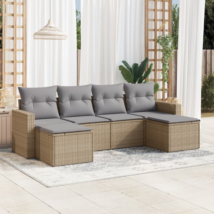 6-tlg. Garten-Sofagarnitur mit Kissen Schwarz Poly Rattan